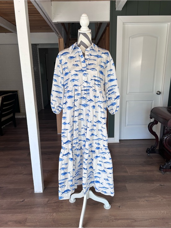 Maeve Dresses & Skirts - Maeve The Bettina White and Blue Fish-Print Tiered Shirt Dress Small